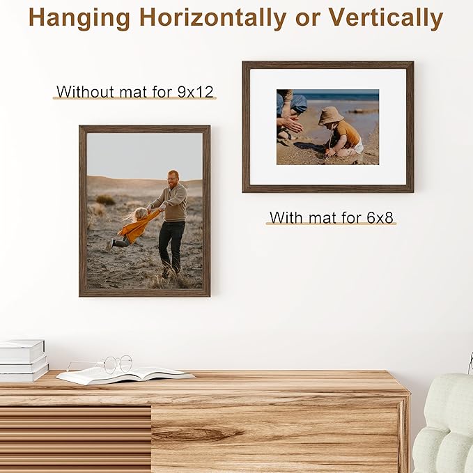 Vittanly 9x12 Picture Frame, Solid Wood Frame with Plexiglass, Includes 6x8 Mat, Wall Hanging or Tabletop for Photos, Home Decor, Brown, 1 Pack