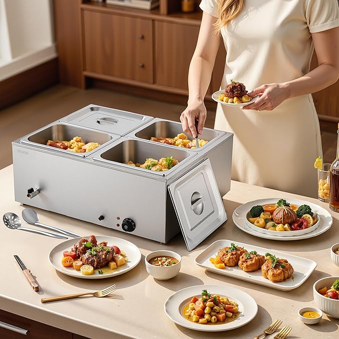VEVOR Commercial Food Warmer, 1500W Electric Stainless Steel Steam Food Warmer with Lid, 4-Pan Fast Heating Countertop Buffet Bain Marie with Soup & Perforated Ladles, for Catering, Restaurant, Party