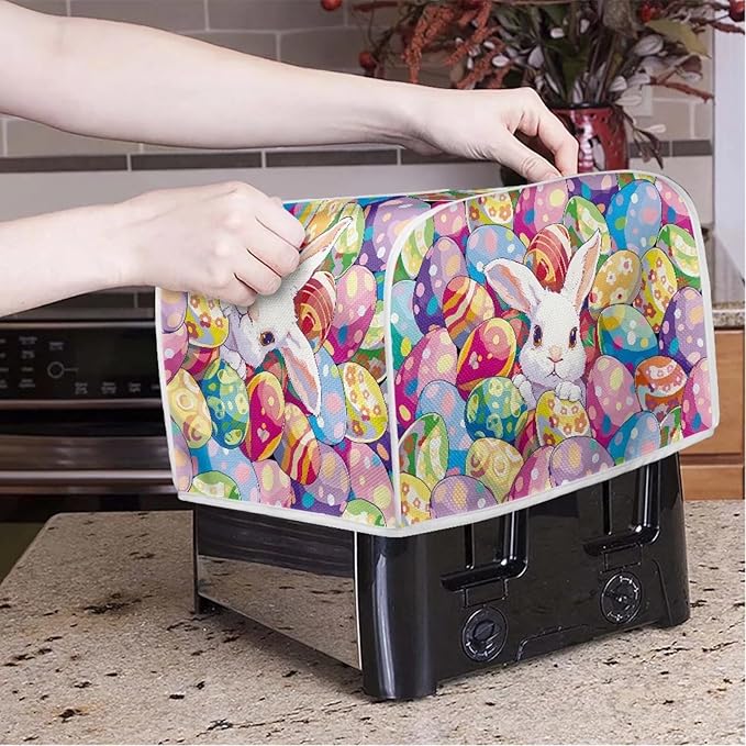 UNICEU Easter Colorful Eggs Cute Rabbit 2 Slice Quilted Toasters Cover, Dust-proof Toasters Cover Bread Maker Cover Kitchen Small Appliance Dust Cover