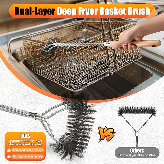 Fryer Cleaning Tool 5 Piece Set, Deep Fryer Basket Brush, Long Handle L-Shaped & Straight Crevice Cleaning Brush, Cleanout Rod Kit and V-Shaped Strainer Scoop for Restaurant, Kitchen Maintenance