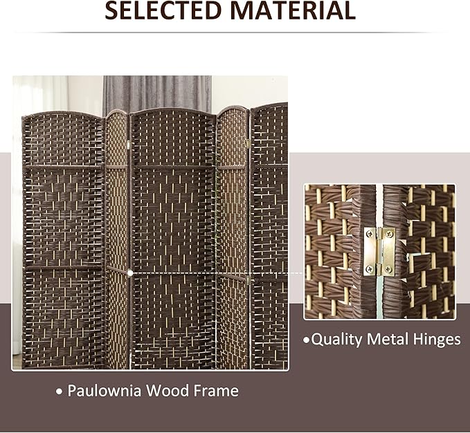HOMCOM 6 Panel Room Divider, 6' Tall Folding Privacy Screen, Woven Freestanding Wall Partition for Home Office, Bedroom, Brown