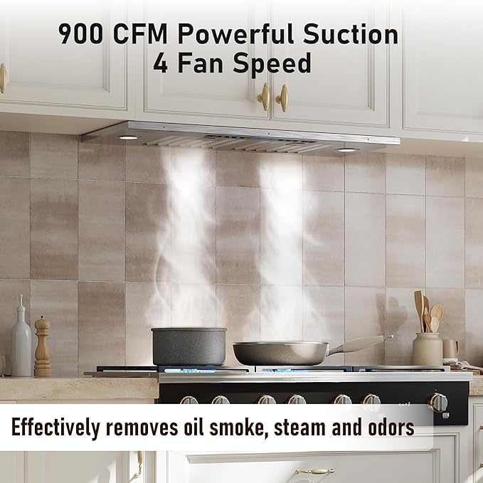 IKTCH 36 inch Built-in/Insert Range Hood 900 CFM, Ducted/Ductless Convertible Duct, Stainless Steel Kitchen Vent Hood with 4 Speed Gesture Sensing&Touch Control Panel(IKB01-36)