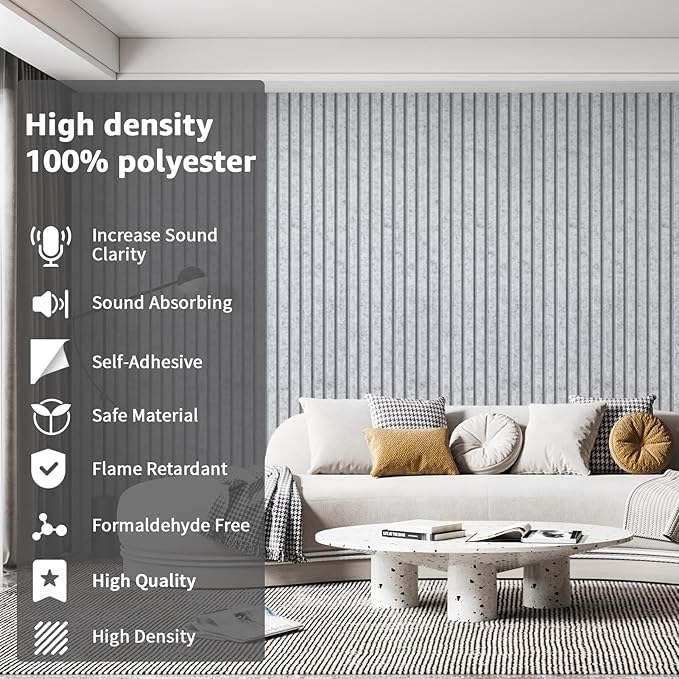 Art3dwallpanels 10 Pack Acoustic Panels, 48" X 12" X 0.35" Soundproof Wall Panels, Self Adhesive High Density Sound Absorbing Acoustic Treatment for Recording Studio, Office, Grey