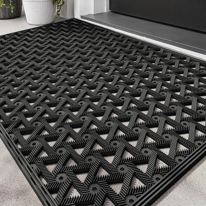 LUMI Outdoor Doormat 24x36, Front Door Mat Outside Entrance, Heavy Duty Rubber Welcome Exterior Door Mat Non Slip Waterproof, Outdoor Rubber Mats with Drainage Holes, Easy Clean Entryway Mats, Black
