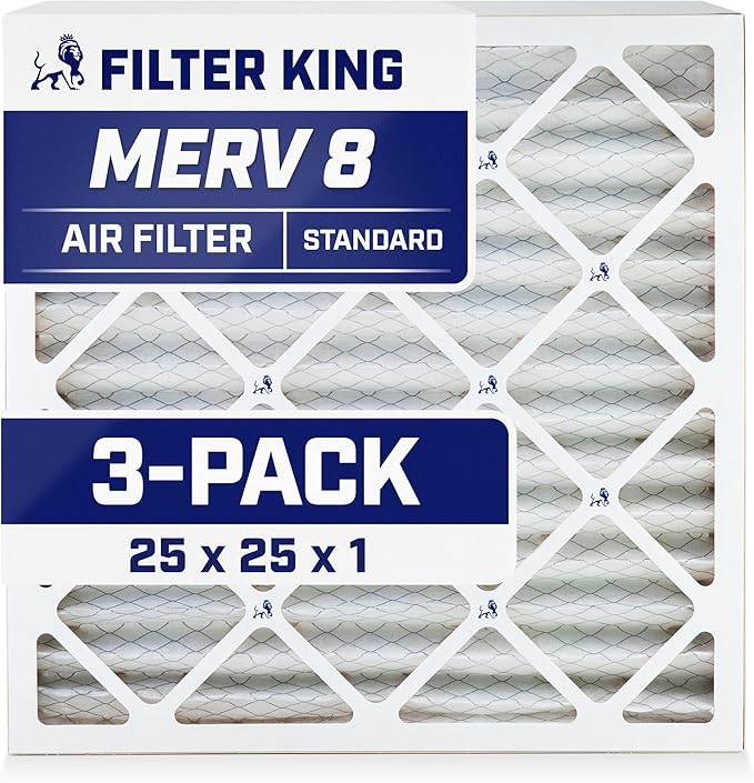 Filter King 25x25x1 Air Filter | 3-PACK | MERV 8 | HVAC Pleated AC Furnace Filters | MADE IN USA | Actual Size: 24.5 x 24.5 x .75"