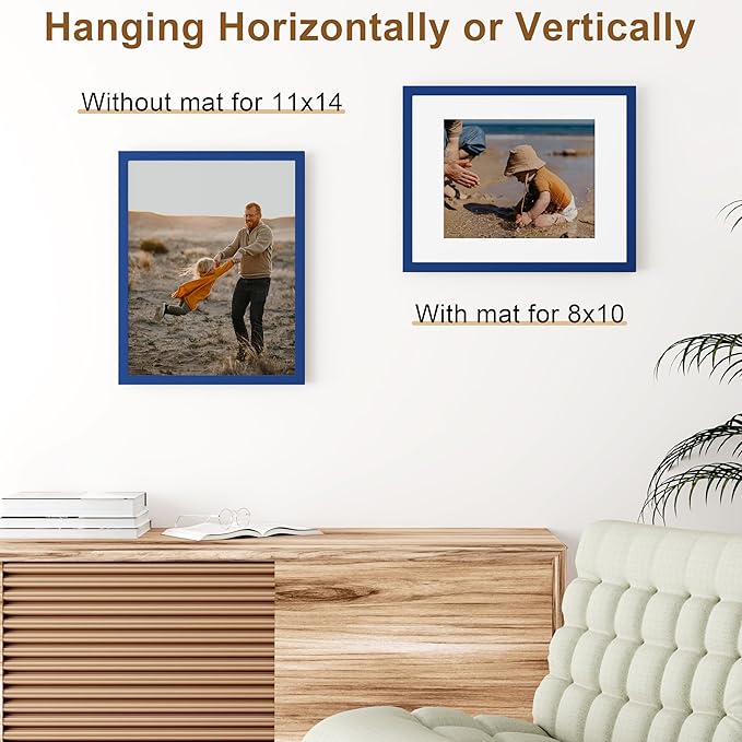 Vittanly 11x14 Picture Frame, Solid Wood Frame with Plexiglass, Includes 8x10 Mat, Wall Hanging for Photos, Home Decor, Royal Blue, 1 Pack