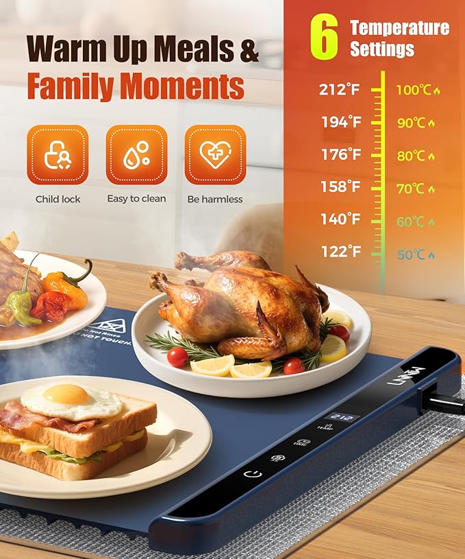 Food Warming Mat with Heat-Resistant Pad, 26X15 Inch, 6 Temperature & 6 Timer Settings, Child Lock Safety,Food Warmer Chafing Dishes for Buffet,Gatherings,Parties,Everyday Use