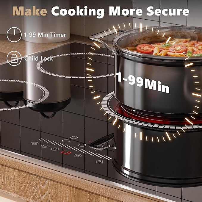 30 Inch Electric Cooktop, 5 Burner Electric Stove Top 6900W, 30" Built-In Ceramic Countertop with Metal Frame, Child Lock, Timer, Slide Control, 220-240V Hardwired (No Plug)