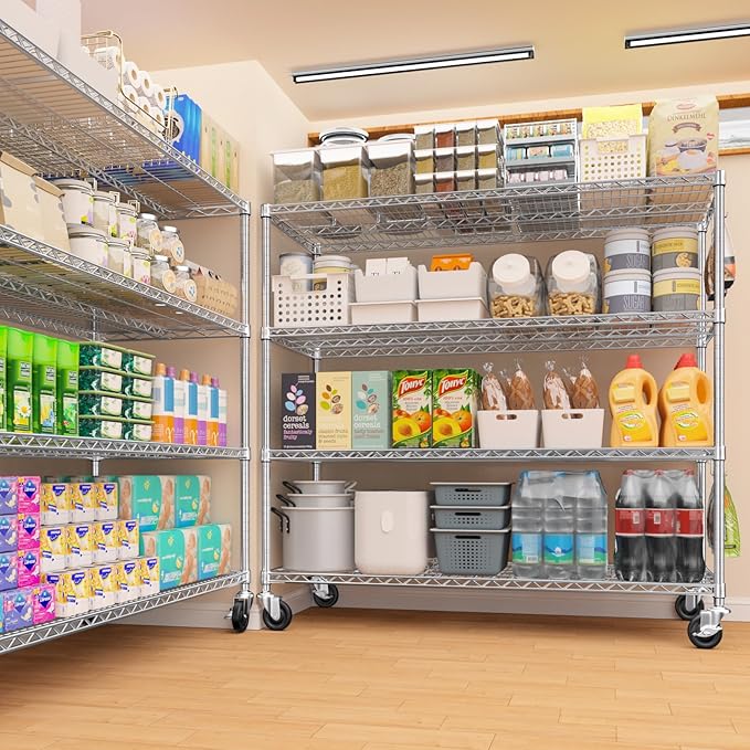 PrimeZone 4 Tier 55.5" Wx24 Dx76 H Wire Shelving with Wheels 2400lbs NSF Certified Storage Shelves Heavy Duty Metal Shelf Adjustable Rolling Rack Commercial Garage Restaurant Warehouse Chrome 3Pack
