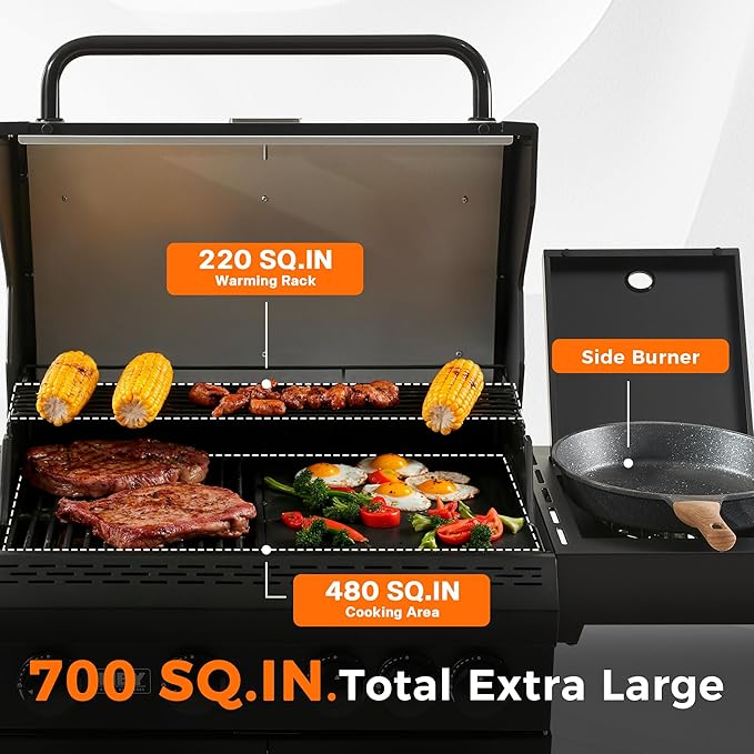 4-Burner Propane Gas Grill, 50,000 BTU Heavy Duty Outdoor BBQ Grill with Side Burner, Cast Iron Cooking Grates & Griddle for Backyard Barbecue