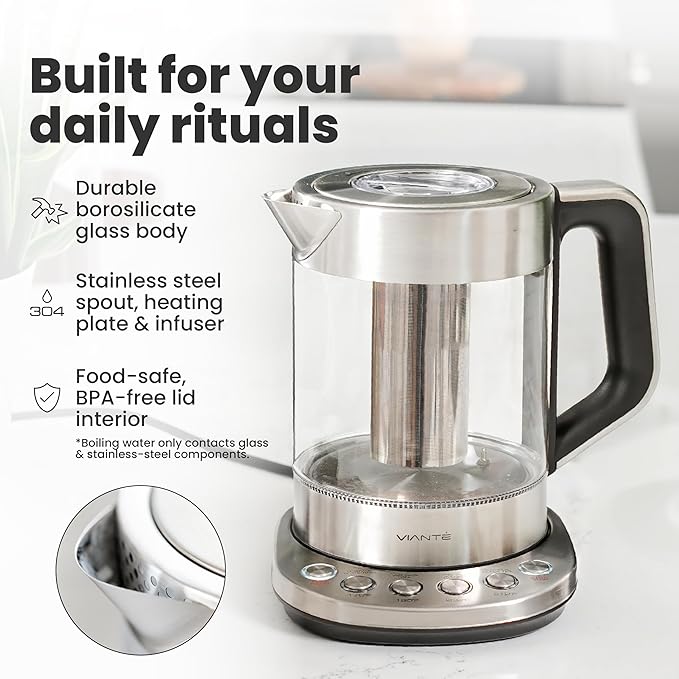 Vianté Electric Kettle With Infuser. No Plastic In Contact With Water. Hot Tea Maker With Temperature Control And Automatic Shut Off. Tea Kettle With Brewing Programs. 1.5 Liters Capacity