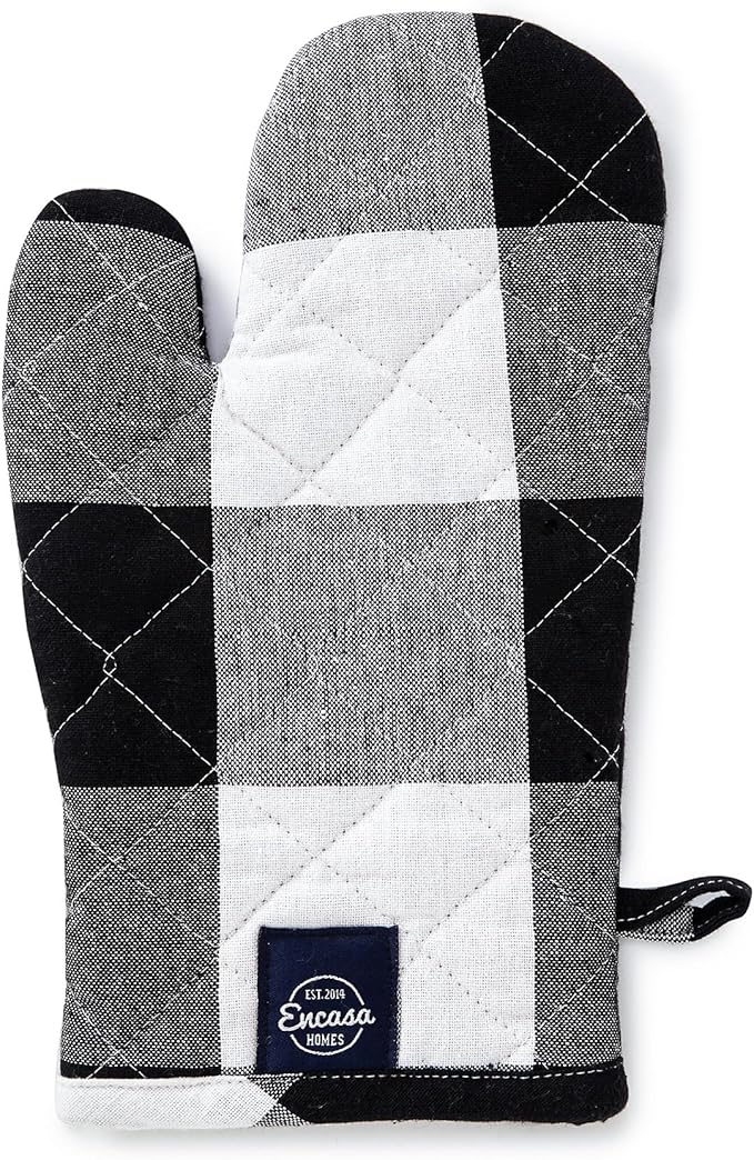 Encasa XO Long 12"x7" Oven Microwave Hand Gloves Mitts (2 pc Set) for Kitchen Cooking & Baking - Heat Resistant, Thick & Safe, Protection of Hands from Hot Utensils - Buffalo Black Checks