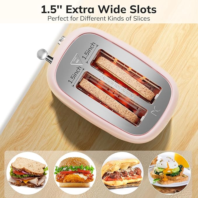 2 Slice Toaster Retro Stainless Steel with Bagel, Cancel, Defrost Function and 6 Bread Shade Settings Bread Toaster, Extra Wide Slot and Removable Crumb Tray (Pink)
