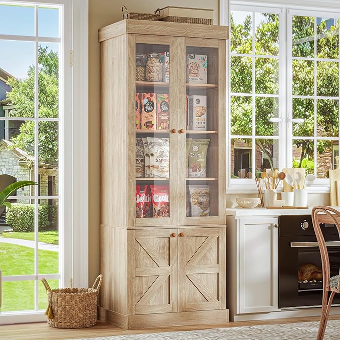 Vyre 71" Tall Farmhouse Kitchen Pantry, Large Storage Cabinets with Glass Doors, Freestanding Wood Hutch Cabinet with 3 Drawers & Adjustable Shelves for Living Room & Dining Room, Brown, Set of 3