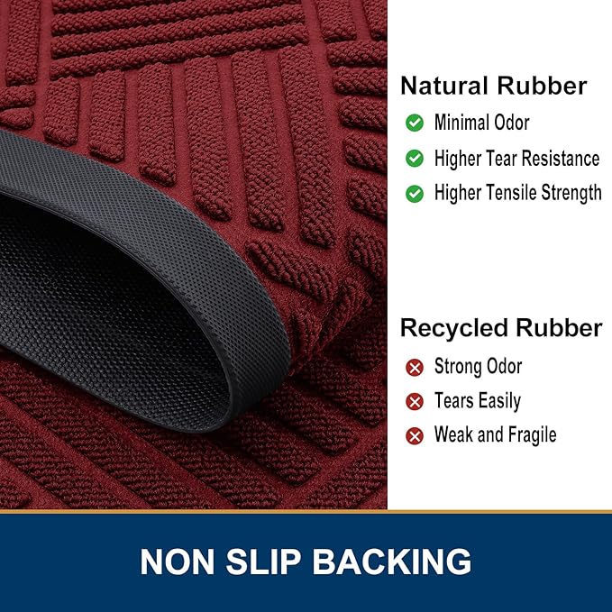 Smiry Front Door Mat Outside Entrance, Heavy Duty Outdoor Indoor Natural Rubber Doormat, Non Slip, Trap Dirt and Moisture, Easy Clean, Low Profile Patio Porch Entryway Mat, 29.5x17, Wine Red