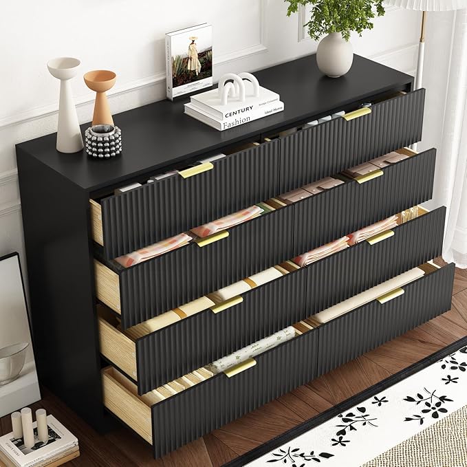 8 Drawer Dresser for Bedroom, Modern Fluted Double Dresser, 55" Wide Chest of Dressers, Wooden Beside Table for Closet, Living Room and Entryway, Black