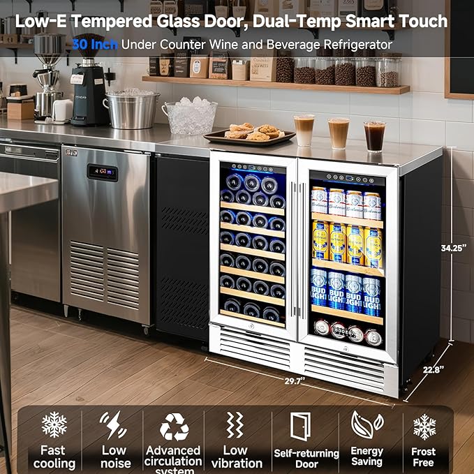 BODEGACOOLER Back Bar Cooler With 2 Glass Doors,30 Inch Wine and Beverage Refrigerator with Digital Touch,Counter Height Commercial Beverage Refrigerator, Beverage Cooler Holds 31 Bottles and 92 Cans.