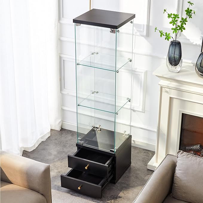 Yoluckea 3 Shelves Glass Display Cabinet with 2 Soft-Close Storage Drawers, Curio Collection Glass Display Case with Door & Lock, Floor Standing Bookshelf Corner Cabinet for Book Toys Glory (Black)