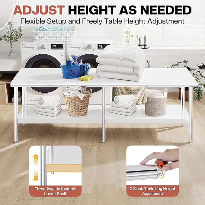 Jocisland 30" x 108" Stainless Steel Table for Prep & Work Adjustable Under Shelf and Feet, for Commercial Kitchen, Restaurant, Hotel, Garage
