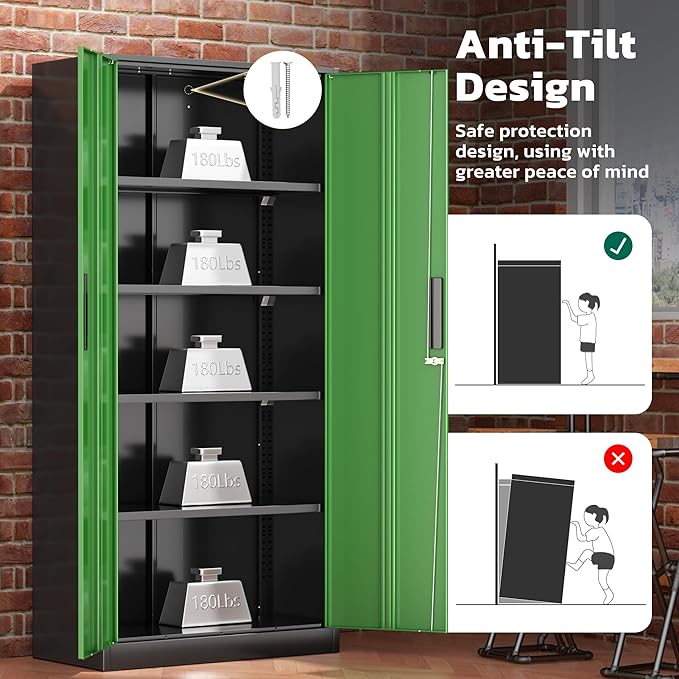 Greenvelly Metal Garage Storage Cabinet with 2 Doors and 4 Adjustable Shelves, 72”H Steel Lockable Storage Cabinet,Tall Metal Cabinet Locking File Cabinet for Office,Home, Garage, Gym, School