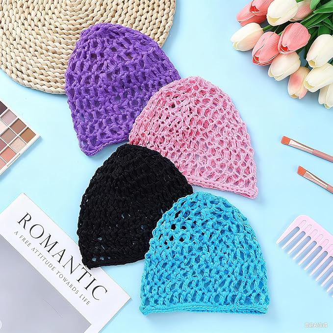 Geyoga 4 Pieces Mesh Crochet Hair Net Rayon Knit Snood Hat Thick Short Women Hairnet Snoods Cover Ornament for Sleeping (Black,Purple,Blue,Pink)
