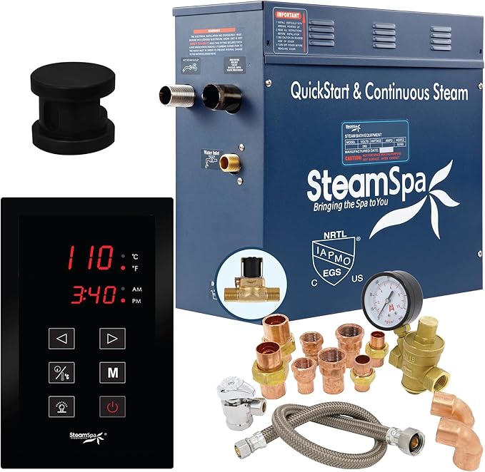 SteamSpa Premium 9 KW QuickStart ACU-Steam Bath Generator Package with Built-in Auto Drain in Matte Black Finish|Touch Panel Control System|PRT900MB-A