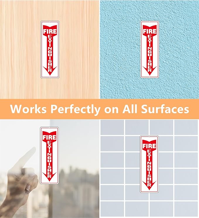 Fire Extinguisher Sign, (4 Pack) Self Adhesive Fire Extinguisher Sticker Signs for Indoor Outdoor, Rust Free Reflective Aluminum Metal Signs for Wall and Door (12 x 4 inches, White/Red)