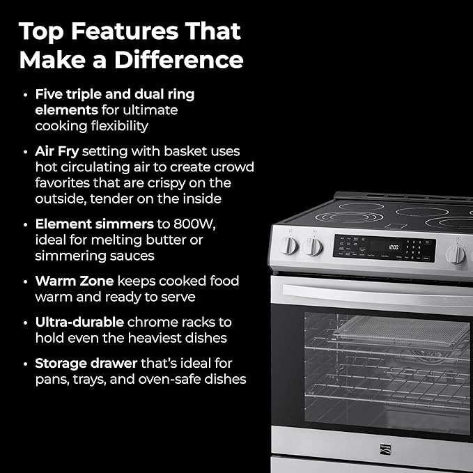 Kenmore 5.6 cu. ft. Front Control Electric Range Oven with 5 Elements - True Convection, Air Fry, Self Clean Oven, Temperature Probe, Ultra Durable Chrome Racks, Large Window - Stainless Steel