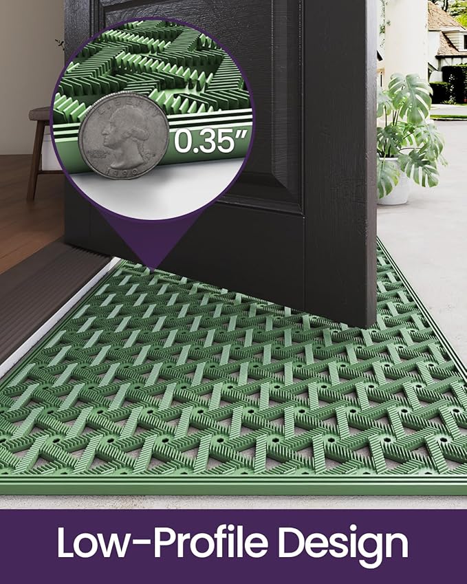 DEXI Front Door Mat Outside Entrance Rubber 32x48, Welcome Floor Doormat Heavy Duty Non Slip, Dirt Trapper Waterproof Exterior Entry Mats All Weather for Patio Entryway Drainage, Green