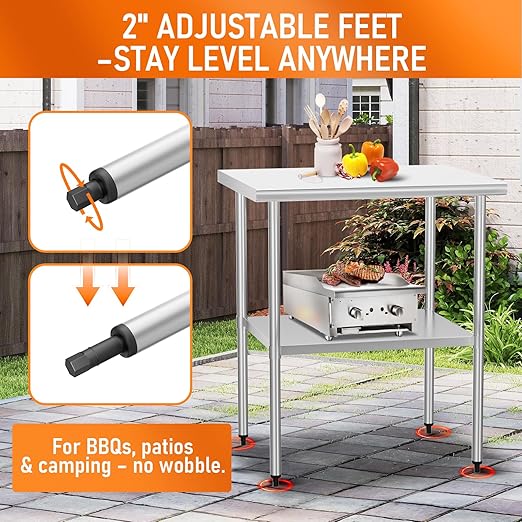 Stainless Steel Table for Food Prep & Work 24 x 30 inches Utility Table with Adjustable Undershelf, Commercial Workstation in Kitchen, Garage, Laundry, Outdoor BBQ