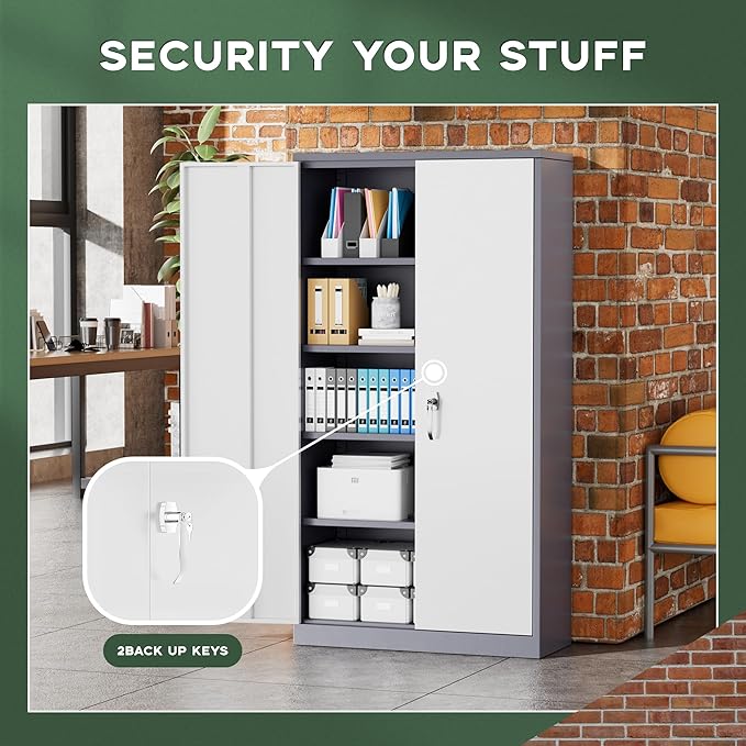 Greenvelly Metal Storage Cabinet, 72" Locking Metal Garage Storage Cabinet with Doors and 4 Adjustable Shelves, Lockable Steel Cabinet for Home Office, Garage, Shop, School (White Grey 36" W x 18" D)