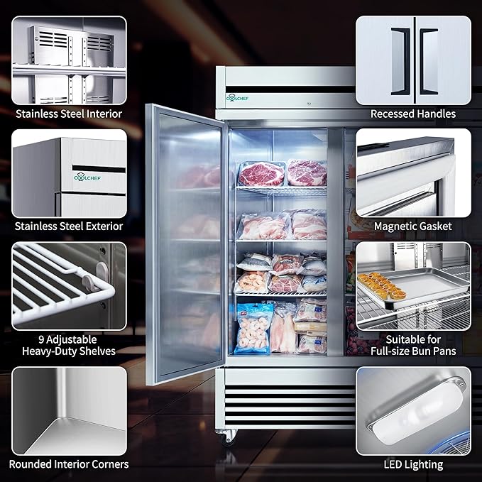 COOLCHEF 81"Commercial Freezer, 72 Cu.Ft Triple-Door Stainless Steel Reach-In Freezer, -8~0℉, Air Cooling, 9 Shelves, R290