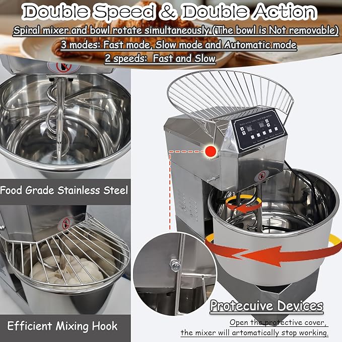 INTSUPERMAI Commercial Dough Mixer Machine 20QT Stand Flour Mixing Machine Electric Food Stand Mixer with Double Action Double Speed Spiral Mixing Time Setting 110V 20L Capacity