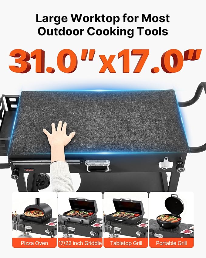 VEVOR Outdoor Grill Cart, 31.0 x 17.0 inch Tabletop Size Grilling Table, Foldable Outdoor Cooking Table with Tissue Holder, Wheels, Magnetic Tool Rack, BBQ Prep Tables for Picnic, Kitchen, Courtyard