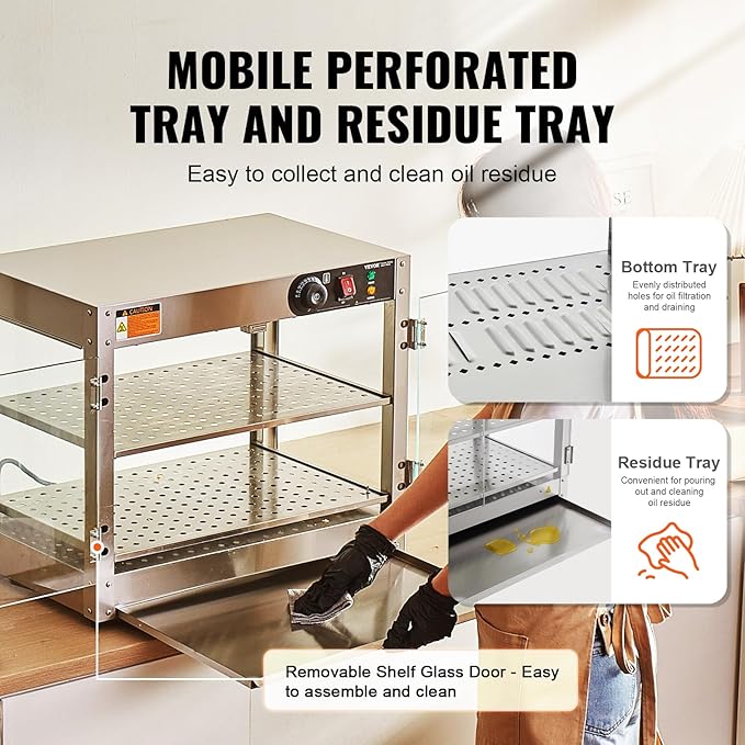 VEVOR 2-Tier Commercial Food Warmer Display, 800W Food Display Warmer with Light to Enhance Food Display, 86℉~185℉ Temperature Control, 58L Large Capacity for Hamburger, Pizza, Bread, Fried Chicken