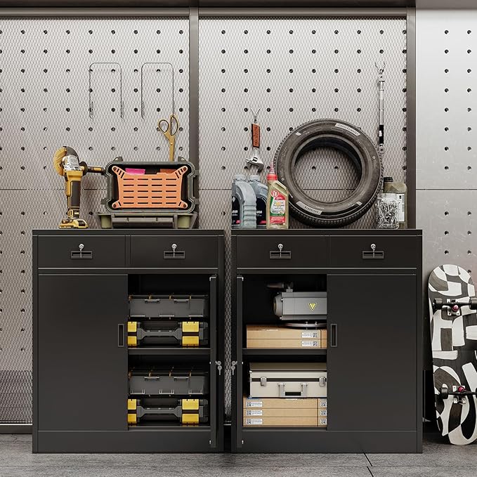 CJF Metal Storage Cabinet, Locking Cabinet with Adjustable Shelf and 2 Drawers, Metal Cabinets for Office, Home, Garage 36" H x 32" W x 16" D (Black)