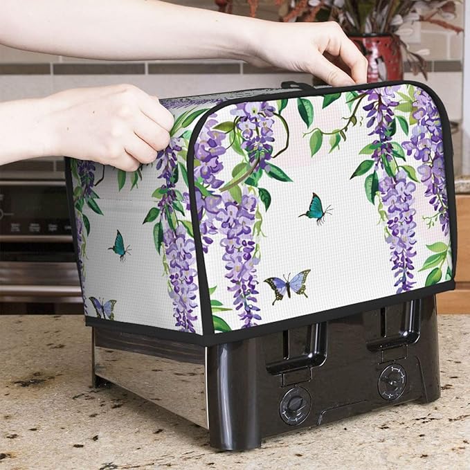 Toaster Cover 2 Slice Spring Purple Wisteria Butterfly Waterproof Appliance Cover with Hang Loop Bread Baker Toaster Cover for Kitchen