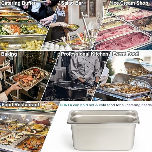 CURTA 6 Pack Anti-Jam Hotel Pans, 1/3 Size 6 Inch Deep, NSF Commercial 18/8 Stainless Steel Chafing Steam Table Pan, Catering Storage Metal Food Pan