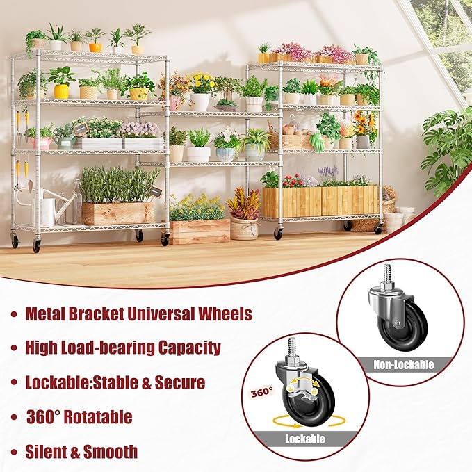 PrimeZone 5 Tier 48" Wx24''Dx81''H Wire Shelving with Wheels 3000lbs NSF Certified Storage Shelves Heavy Duty Metal Shelf Adjustable Rolling Rack Commercial Garage Restaurant Warehouse Chrome 4Pack