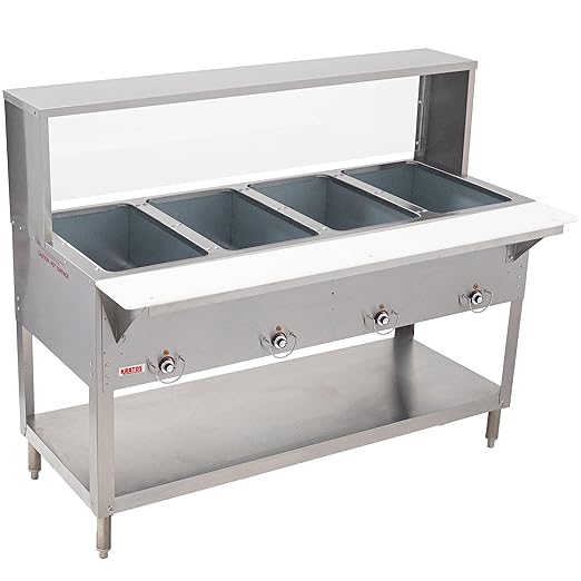 Kratos Commercial Electric Steam Table/Hot Food Table with Overshelf and Sneeze Guard, 4 Wells, Stainless Steel, Stationary, NSF, 240V (28W-194)
