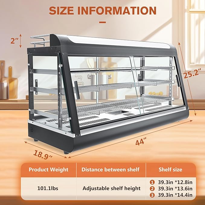 3-Shelf Commercial Food Warmer Display w/Top Rack, 44" Countertop Warmers Hot Box for Pizza/Pretzel/for Food Display, Heated Holding Cabinet Glass case, with LED Lighting for Buffet Restaurant