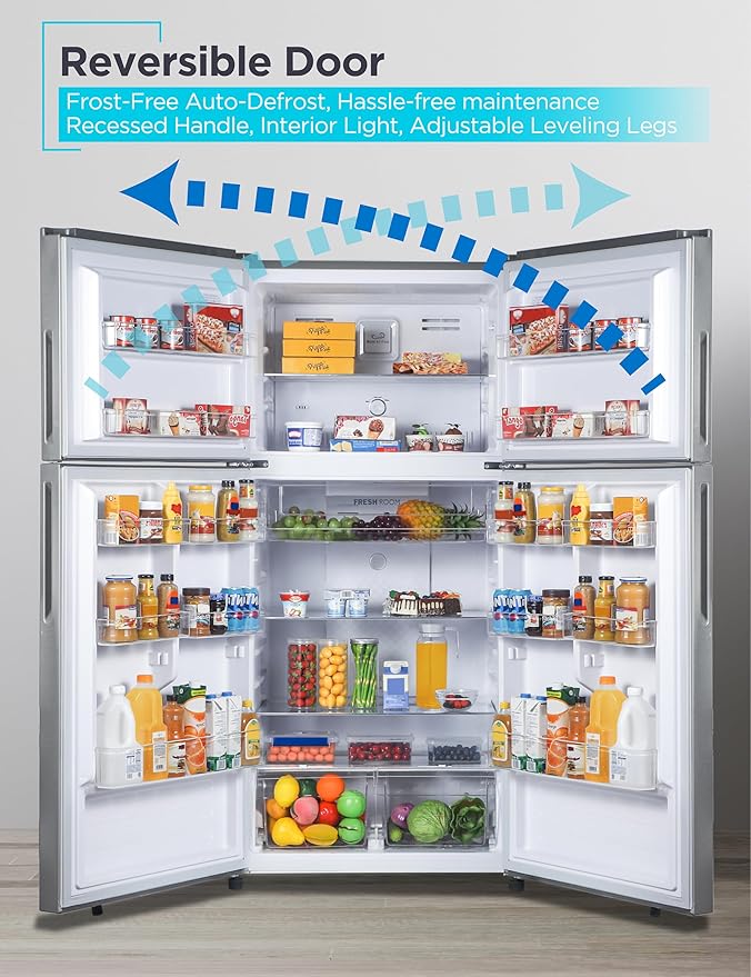 BLACK+DECKER 16.4 Cu. Ft. Top Mount Refrigerator with Freezer, 2 Door Refrigerator with Top Freezer and Separate Temperature Controls, Auto Defrost, Full Size, BR1640KS, Stainless Steel Look