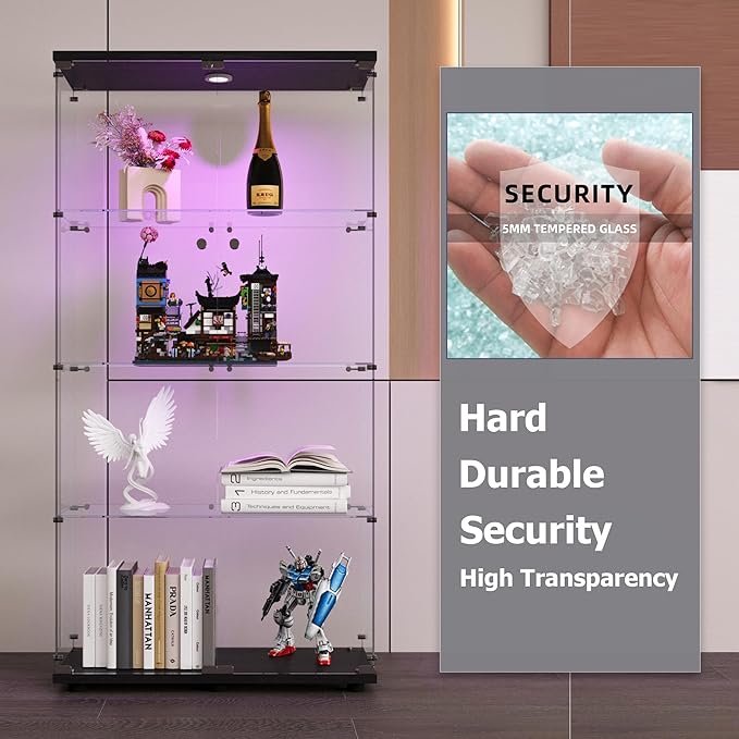 64.5" H 4-Shelf LED Lights Glass Display Cabinet with Double Door,Modern Curio Cabinet Collection Display Case,Floor Standing Bookshelf Glass Case with Lock for Living Room,Home Office (Black)