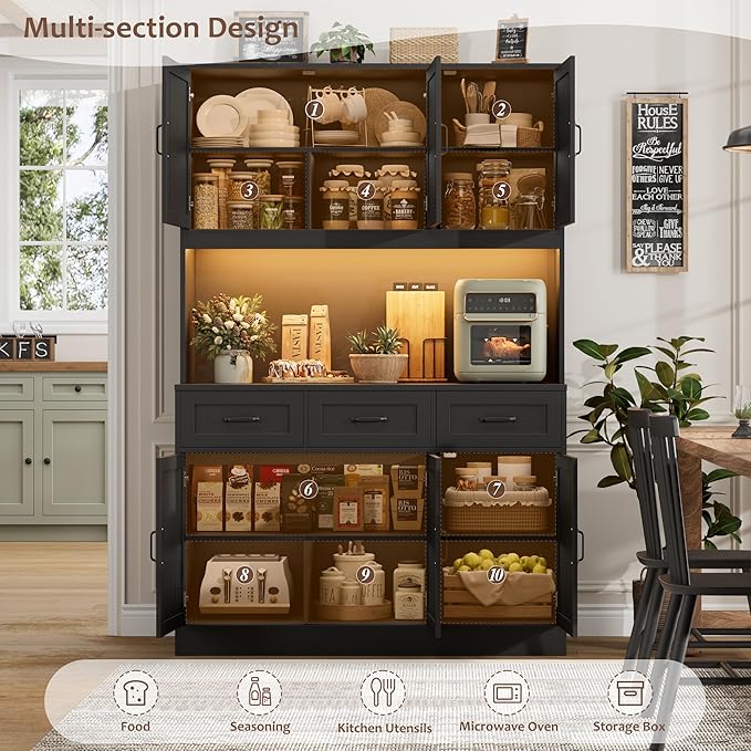 HOSTACK 72" Tall Kitchen Pantry Cabinet with Charging Station | LED Lights, 47" W Kitchen Pantry Storage Cabinet with Countertop, Modern Kitchens Hutch Cabinets with Storage for Dining Room, Black