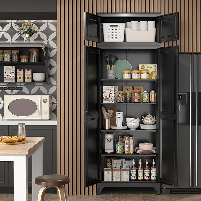 90”Kitchen Pantry Cabinet,Metal Storage Cabinets with Doors and 4 Adjustable Shelves,Black Kitchen Cabinet with 2 Gold Handles,Tall Cabinet for Livingroom, Bathroom