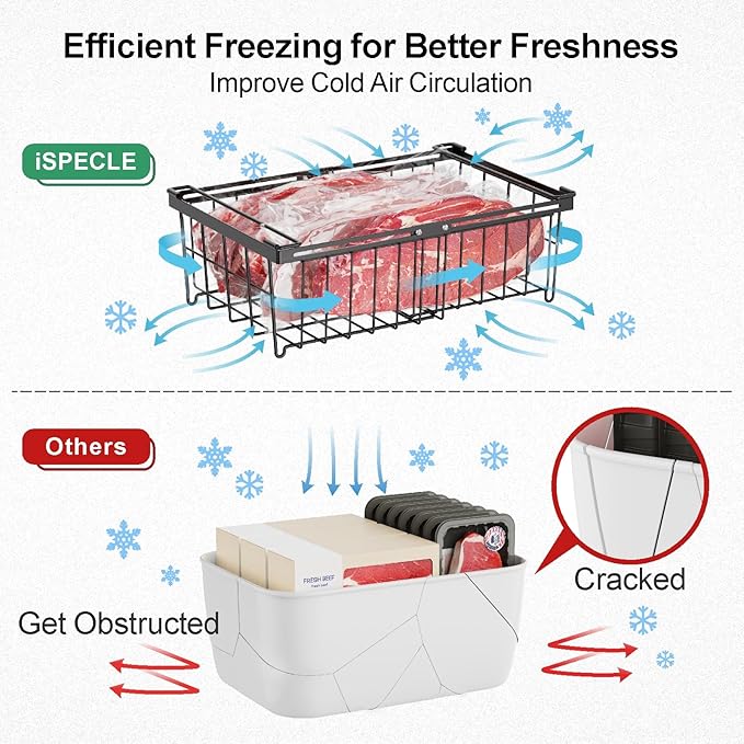 iSPECLE 4 Pack Freezer Organizer Bins, Adjustable Wire Baskets for 10 to 20 Cu.Ft Chest Freezer, Stackable Storage with Handles, Deep Freeze Organizer for Meat & Vegetables, Black