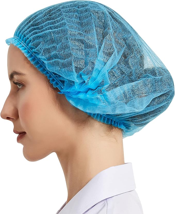 ProtectX 100-Pack Blue Disposable Hair Nets, Elastic Head Cover, Bouffant Caps, Sanitation Head Cover for Food Service, Spa Men & Women - 21 inch