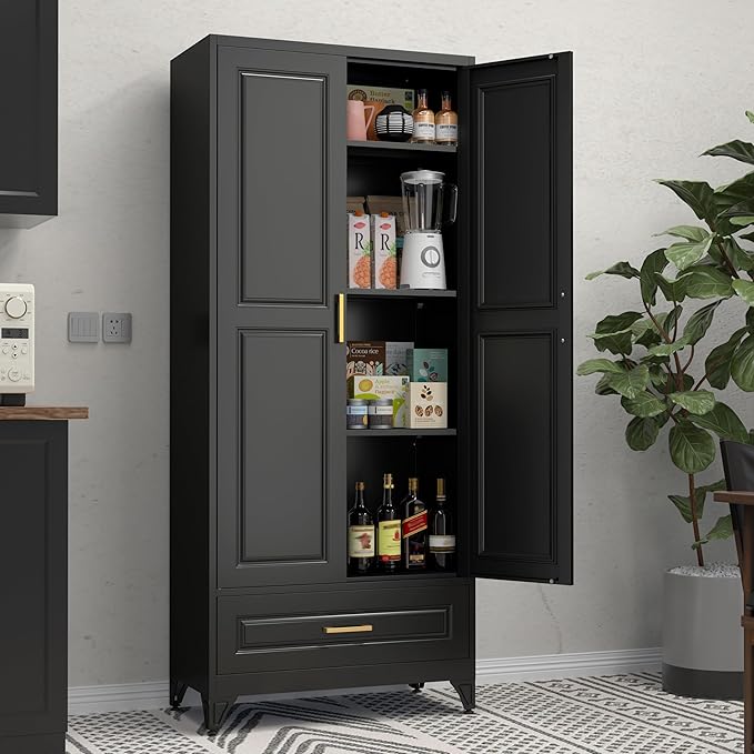 75" Tall Metal Storage Cabinet, Kitchen Pantry Storage Cabinets with Doors and 3 Shelves, Black Pantry Cabinet with Drawer, Utility Kitchen Cupboard, Large Steel Cabinets for Dining Room