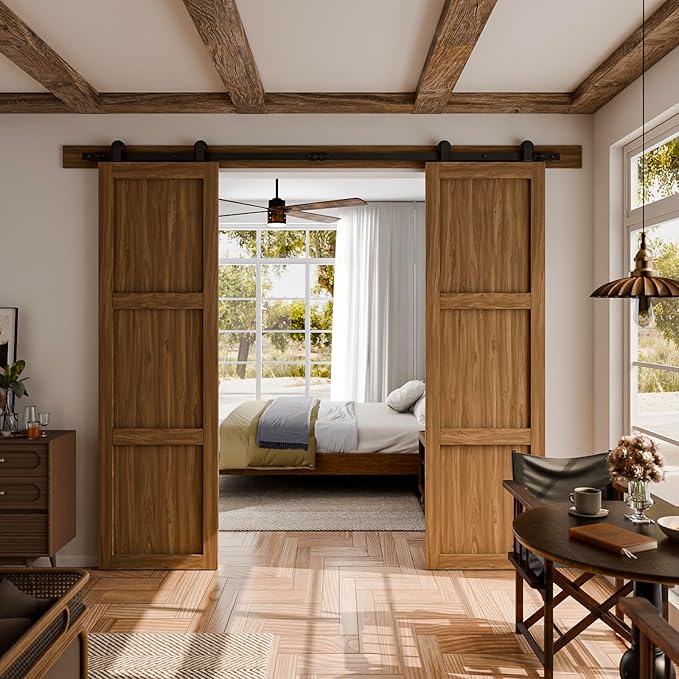CCJH 10FT Sliding Barn Door Hardware Kit, Heavy Duty, Smoothly and Silently, Easy to Install, Fit 30" Width Double Door Panel, T-Shaped Style Black