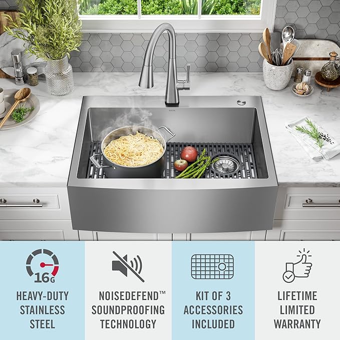 DELTA FAUCET Delta Lenta 30-inch Retrofit Farmhouse Apron Front 16 Gauge Stainless Steel Single Bowl Kitchen Sink for Undermount/Drop-In Installation with Accessories, 95J132-T30S-SS